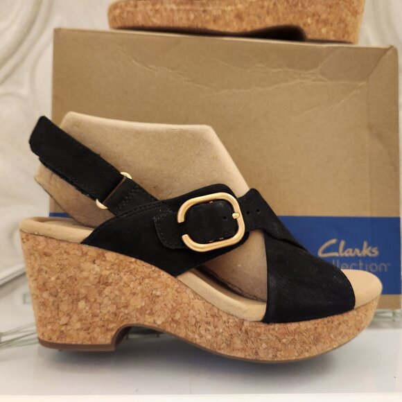 Clarks "Giselle Dove" Black Nubuck Wedge Sandals. Leather. NIB. Size 7.5 - Picture 1 of 9